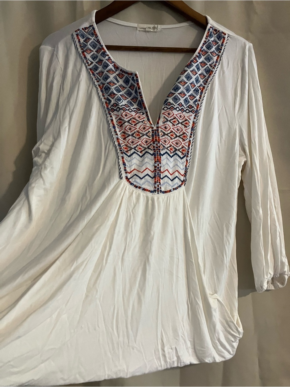 White Embroidered V-Notch Tunic with Navy & Rust Accents